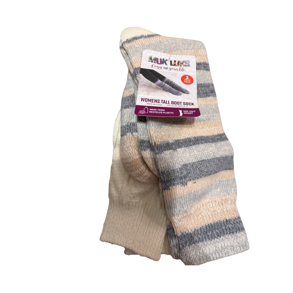 Muk Luks Womens Tall Boot Socks 2 Pack Striped Cream Mid-Calf Shoe Size 6-11 NEW